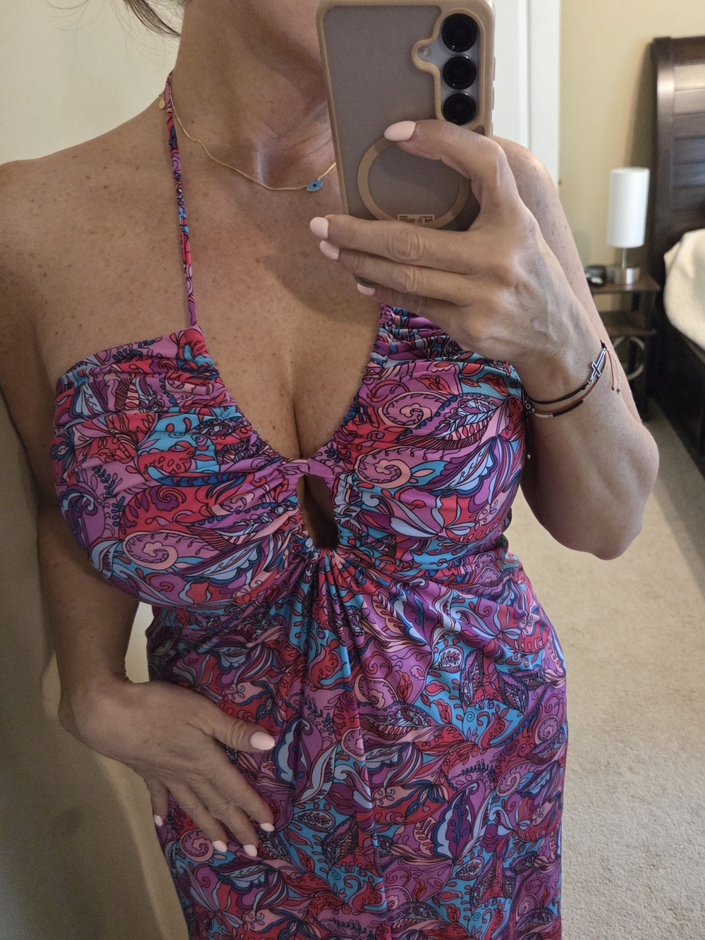 Veronica M Pink and Turquoise Paisley Keyhole Maxi Dress
